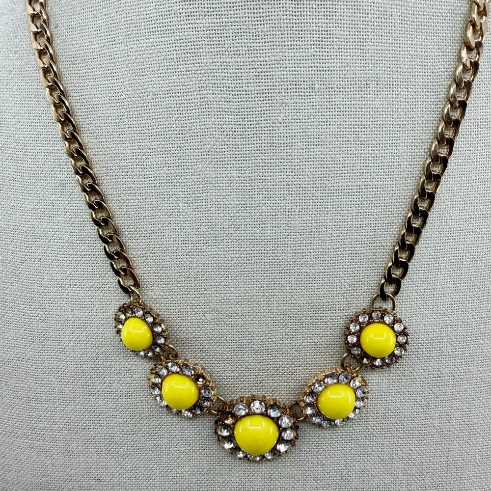 Yellow Cabochon Clear Rhinestone Flower Gold Tone Statement Necklace Jewelry
